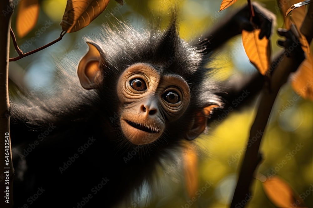 langur monkey swinging through the forest canopy expressive eyes of a
