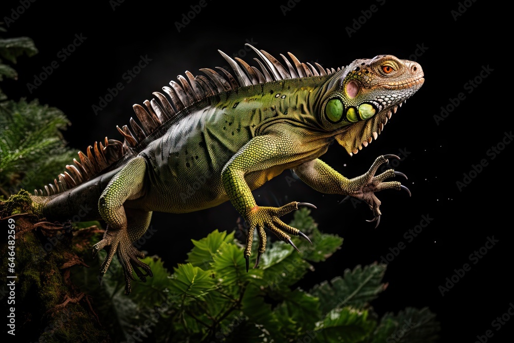 Obraz premium green iguana leaping of a tree - isolated on black background - 