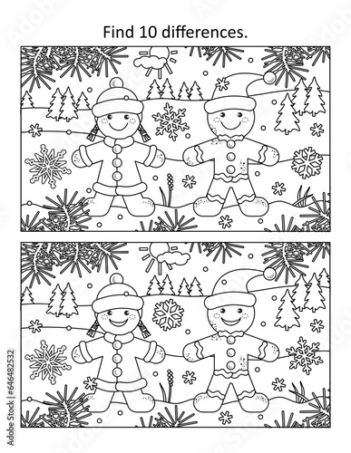 Difference game with gingerbread man and gingerbread girl walking in outdoor winter scene.
