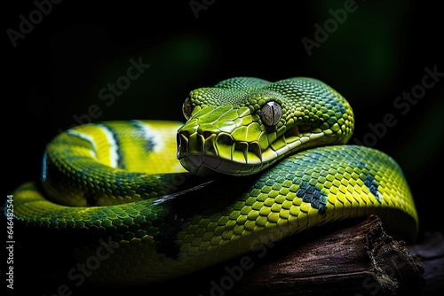curled in green snake - isolated on black background - sinuous body and distinctive patterns - generative ai