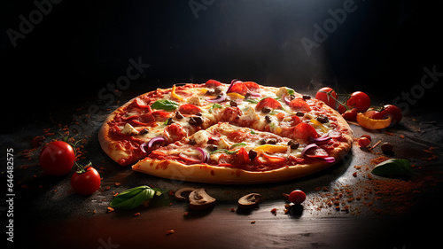 Pizza tradicional sobre tabla de madera, fondo negro