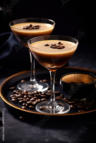 Luxurious smooth and creamy espresso martini in a glass - elegant cocktail illustration for cocktail menu or beverage card - isolated on black background - generative ai 