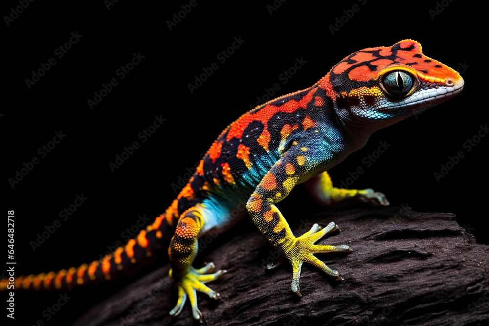 Obraz premium colorful gecko climbing on a rock - lizard climbing - impressive motion and colors - isolated on black background - generative ai