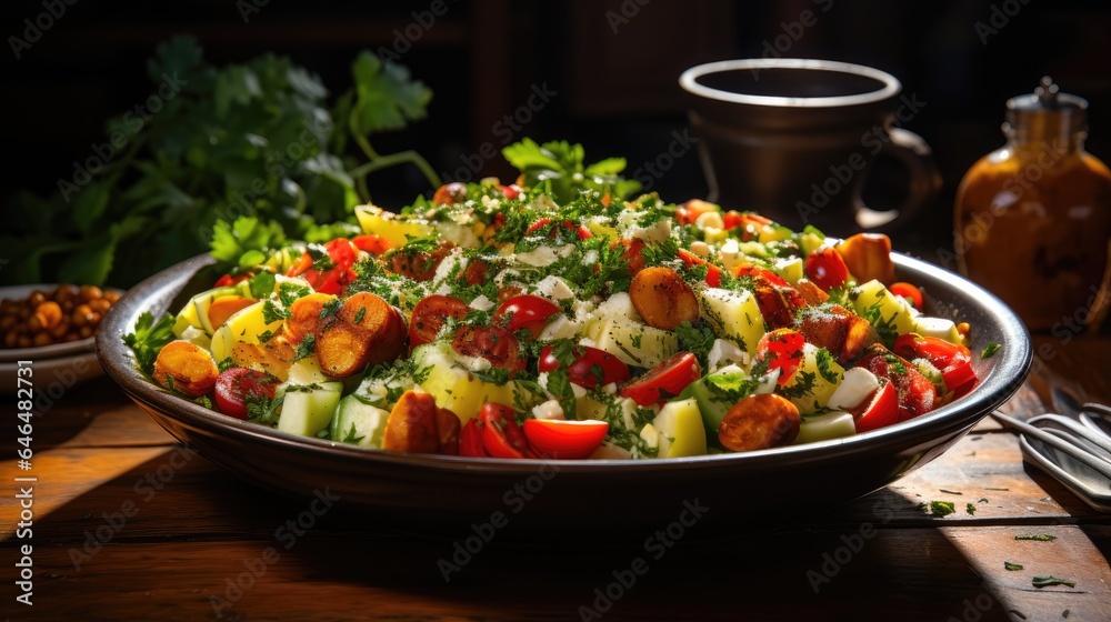 Vegetarian chickpea salad in a bowl, served on the table
