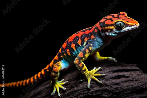 colorful gecko climbing on a rock - lizard climbing - impressive motion and colors - isolated on black background - generative ai