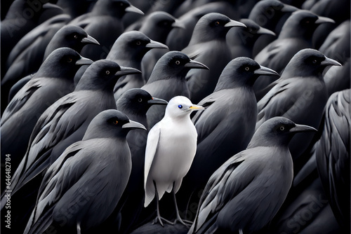 Standing away from the crowd concept. A white bird alone against a background of a flock of black birds. photo