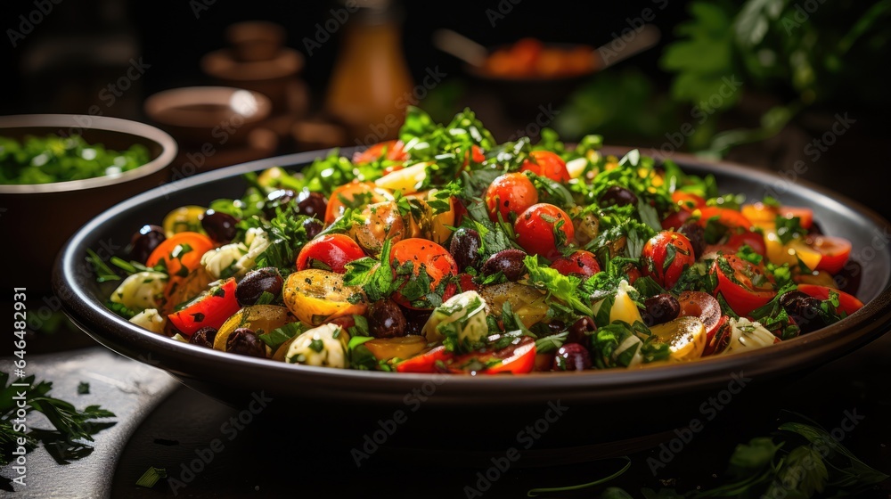 Vegetarian chickpea salad in a bowl, served on the table Vegetarian chickpea salad in a bowl, served on the table