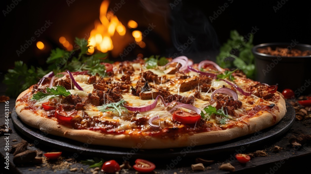 Warm meat pizza with delicious flavorful smoke