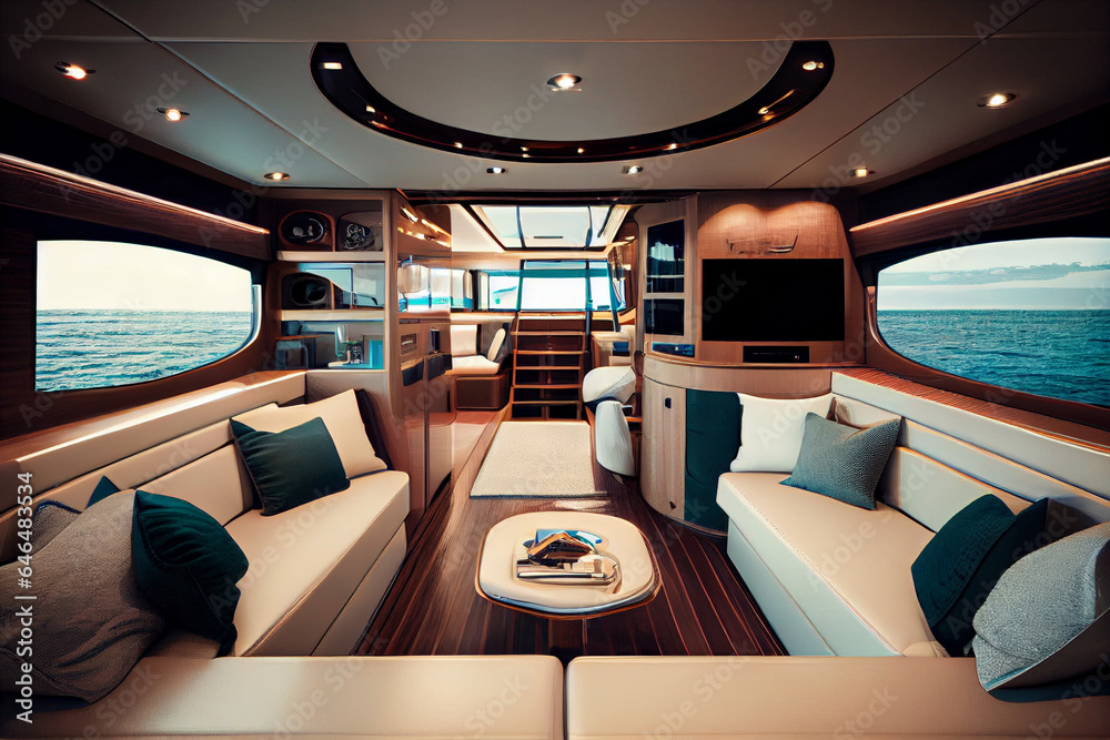 The interior of the cabin of a luxury yacht or speedboat, the sea is visible through the windows. - obrazy, fototapety, plakaty 