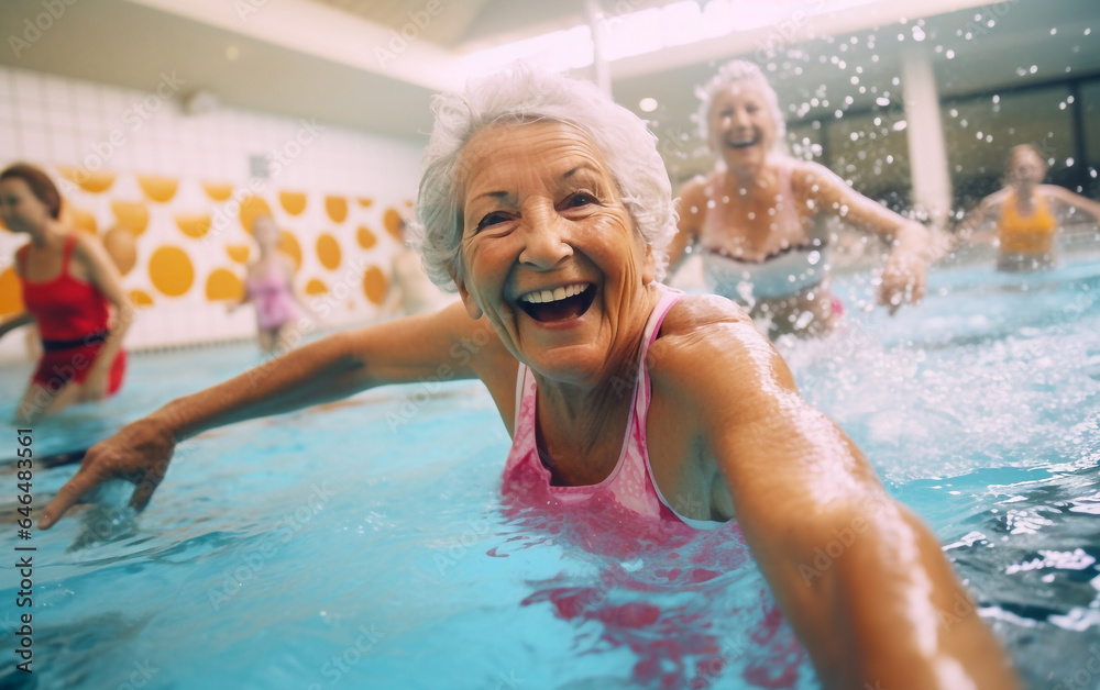 Fototapeta premium Elderly happy and smiling women do aqua aerobics in the indoor pool