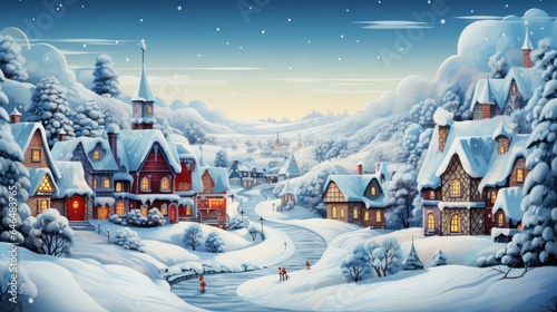 Christmas card, village houses in winter snow landscape, snowflakes falling from sky © Rawf8