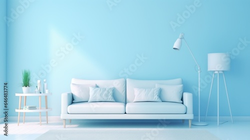 Stylish minimalist monochrome interior of modern cozy living room in white and pastel blue tones. Trendy couch, coffee table, floor lamp. Creative home design. Mockup, 3D rendering.