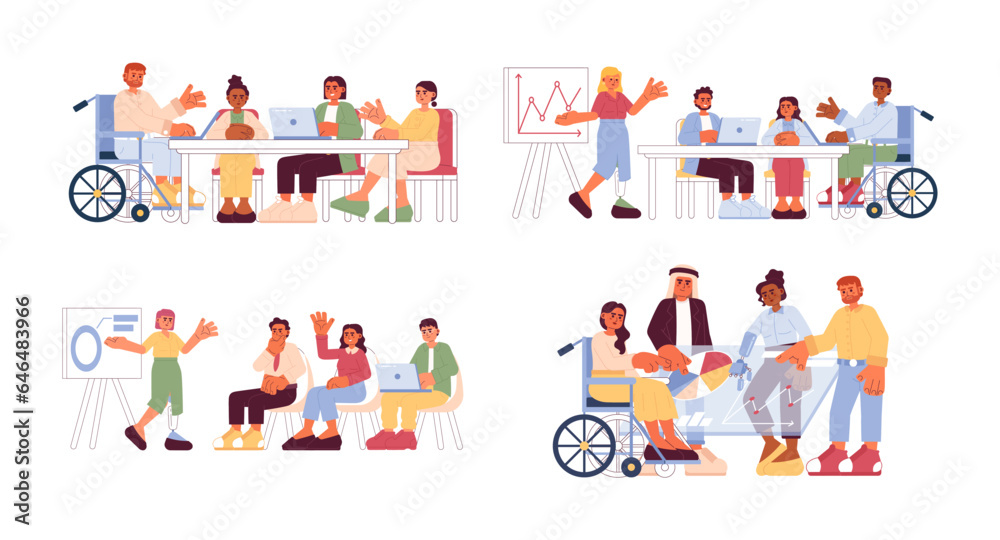 Diverse team working together cartoon flat illustration set. Diversity coworkers 2D characters isolated on white background. Inclusion workplace teamwork scenes vector color image collection