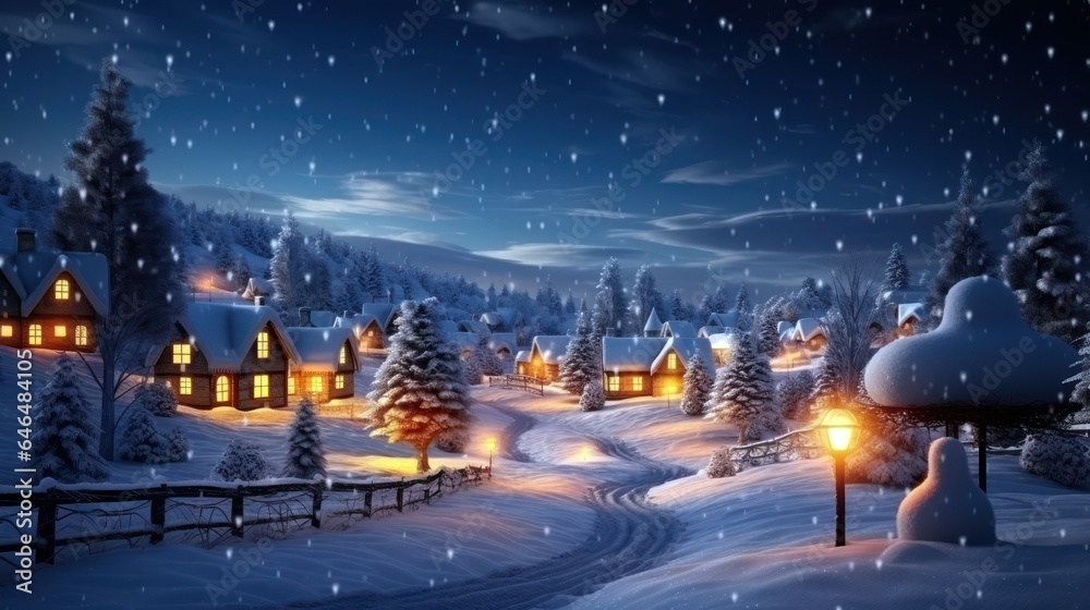 Christmas card, village houses in winter snow landscape, snowflakes falling from sky Christmas card, village houses in winter snow landscape, snowflakes falling from sky