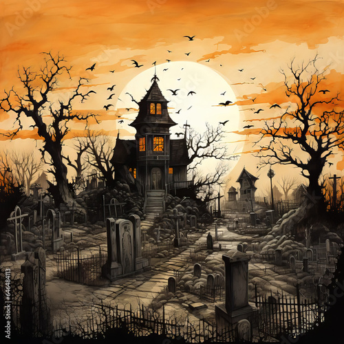 heastones beneath spooky halloween house