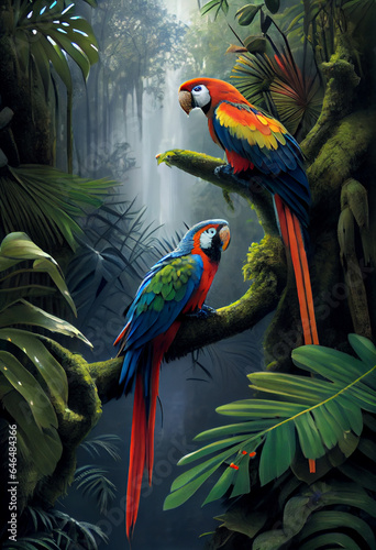 Fototapeta Naklejka Na Ścianę i Meble -  Tropical green jungle with several colored parrots on tree branches. Abstract illustration.