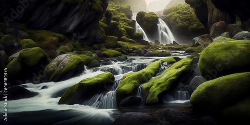 Waterfall and mountain river in the green forest. Water flows among rocks covered with moss.