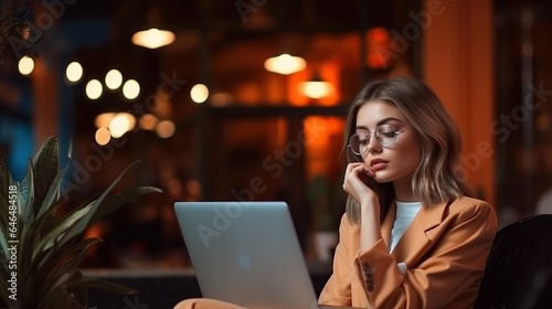 Businesswomen work with laptop. AI generated image