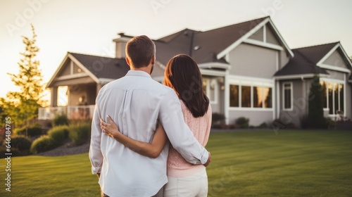 Happy young couple standing with their backs in front of their new home, husband and wife buying a new home, Generative AI 