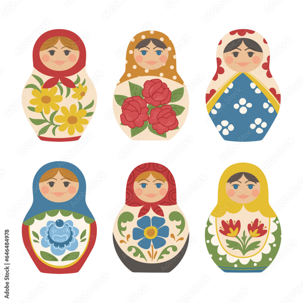 Set of Russian bright nesting dolls. Wooden colorful traditional toy. Vector illustration in cartoon style Set of Russian bright nesting dolls. Wooden colorful traditional toy. Vector illustration in cartoon style