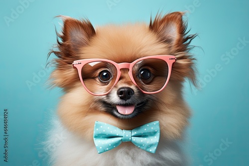 cute chihuahua wearing glasses and bow tie - funny dog picture with solid background - fashion dog -generative ai