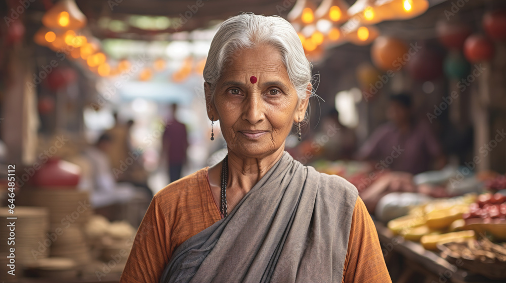An elderly Indian woman in an Indian market is preparing to sell her goods.