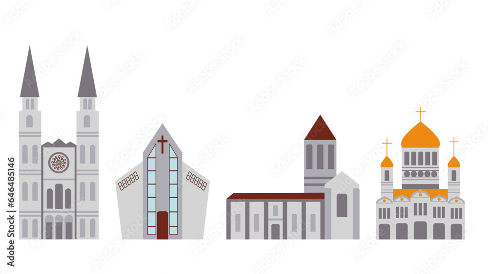 Set of icons of religious buildings of different eras Romanesque, Gothic, Orthodox and modern churches,  elements of urban infrastructure, illustrations in flat style..- Digital
