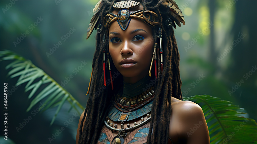 African young beautiful young woman with painted face close up in the forest