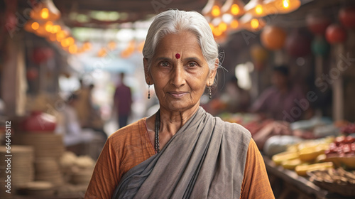 An elderly Indian woman in an Indian market is preparing to sell her goods.