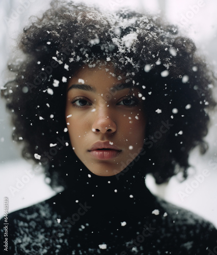Portrait of young beautiful black woman in snowfall  cold winter season