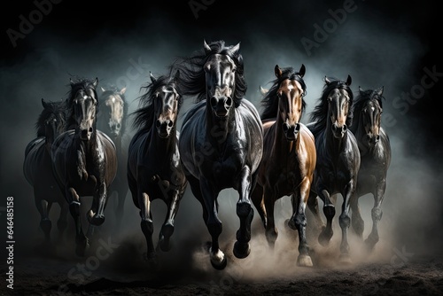 Herd of black horses galloping with black background - energetic powerful wild horses running - isolated hore movement - generative ai