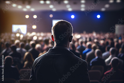 Man, back view speaker at business conference or meeting presentation, defocused audience in conference hall.