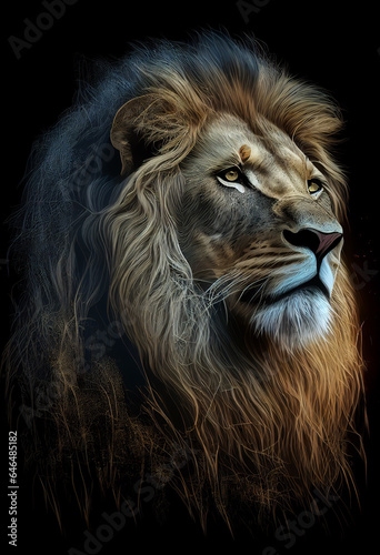 Lion in animation style on black background. AI Generated