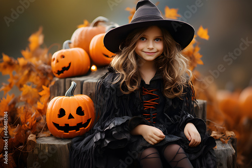 Little girl Witch in witches hat, amongst Pumpkins © Link Parker