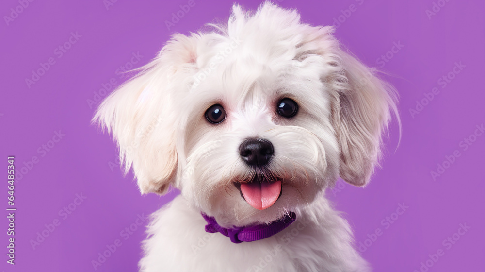 Fluffy white Maltese puppy on a lilac background Fluffy white Maltese puppy on a lilac background