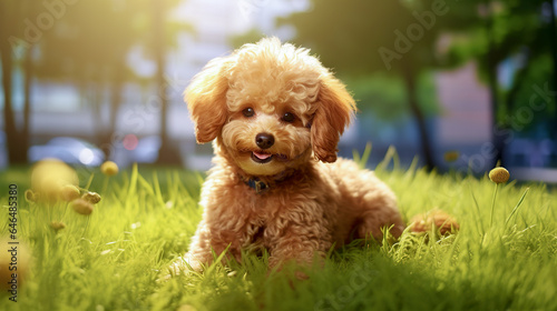 Fluffy poodle puppy on the lawn resting and playing games