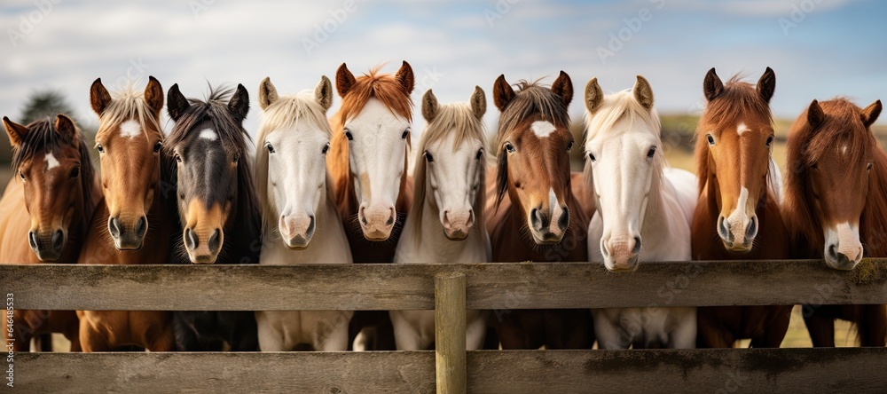 lineup of horses - horses putting their heads together - equestrian group - horses on a field behind a fence - generative ai - obrazy, fototapety, plakaty 