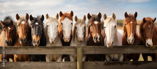 Leinwand Poster lineup of horses - horses putting their heads together - equestrian group - hors