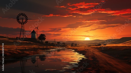 windmill and vintage house red sunset background