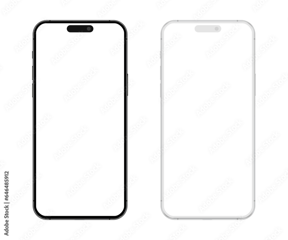 Apple iPhone 15 Pro or Pro Max. Mockup screen front view iphone with white screen. Smartphone mockup with blank white screen, mobile phone mockup, black and white models smartphone front view, - obrazy, fototapety, plakaty 