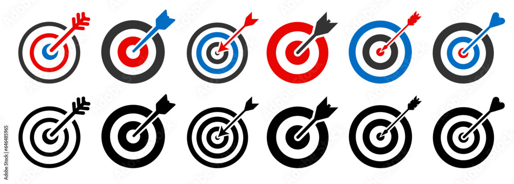 Set target flat icons, archery target with arrow isolated, goal symbol collection, victory sign, darts bullseye logo – vector