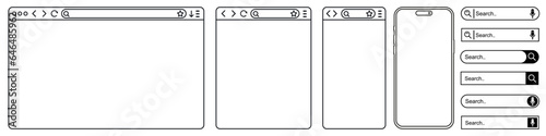 Set browser window in line style, smartphone, blank web page, search bar in internet, line template mockup browser window on computer, tablet and mobile phone, linear model mobile phone - vector