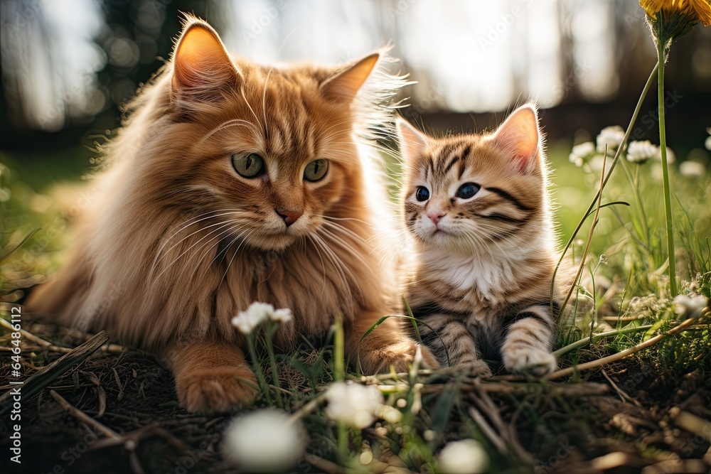 Feline Family Time - Adult Cat with Cute Kitten in Grass - Tender Moments - Generative AI