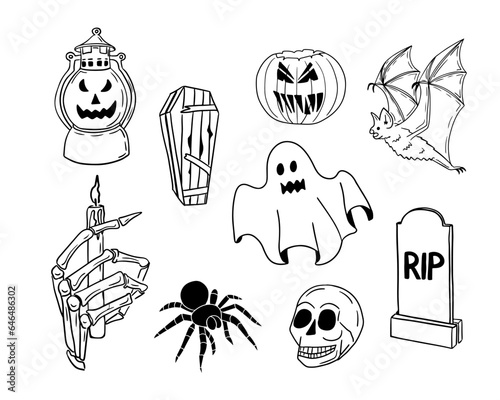 Scary sketch single line hand drawn halloween set. Doodle isolated horror elements for halloween dacoration. Minimalistic Halloween design for coloring pages, stickers, tatoo.