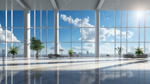 Interior of open space office in modern building. Glossy floor  chillout area  houseplants. Floor-to-ceiling windows with city view. Contemporary design. Mockup  3D rendering.