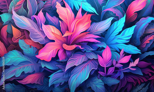 Tropical leaves wallpaper. Colorful neon abstract foliage background.