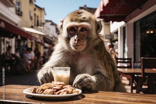 Monkey Enjoying Coffee at Outdoor Cafe - Urban Wildlife Encounter - Generative AI