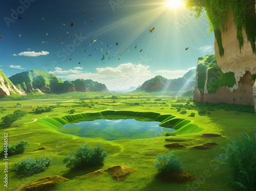 The image depicts a beautiful landscape of a grassy hillside with a pond in the center. The pond is surrounded by grass and rocks, and is situated between two grassy hills.