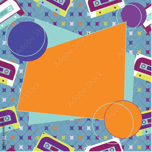 Orange and blue audio cassette retro banner with copy space. 