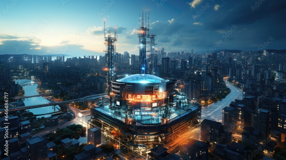 Fototapeta premium wireless and connection technology with skyscraper city background